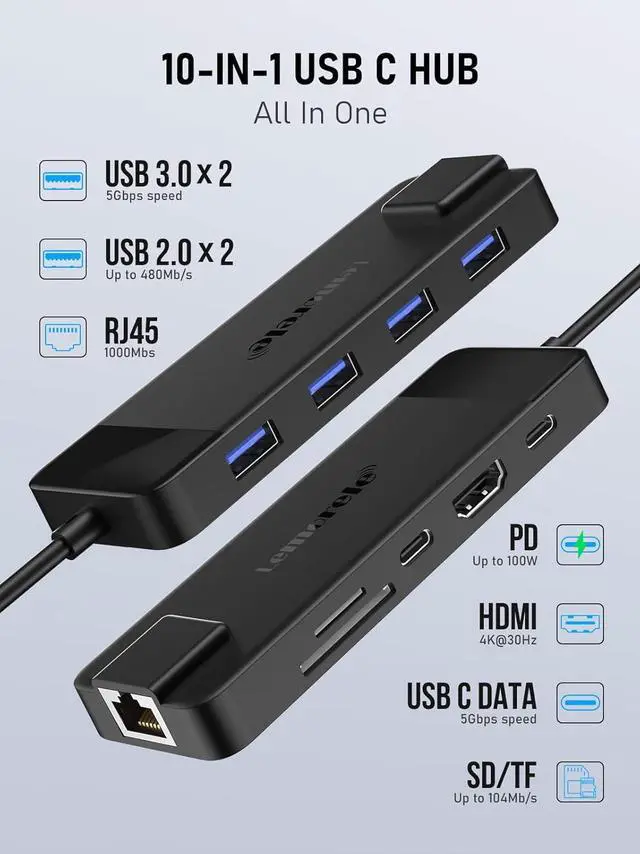 Alt view image 2 of 7 - USB C Hub Multiport Adapter 10-in-1 USB C Dongle for MacBook Pro Air Gigabit Ethernet with 4K HDMI 100W PD USB 3.0 5Gbps Port SD/TF Card Reader Adapter Compatible for Windows/Mac/iPad