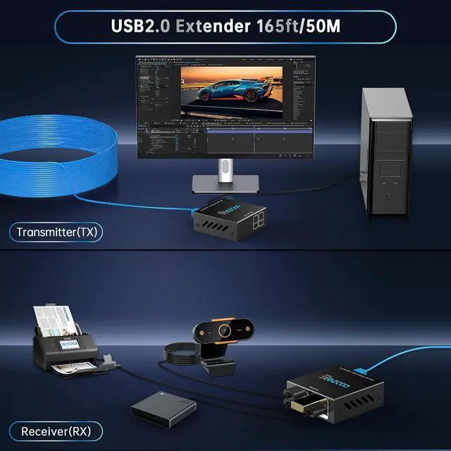 Alt view image 3 of 7 - USB Extender 165ft 50m 4-Port USB2.0 HUB by Cat5e Cat6 -Two Webcam Work Sync Plug & Play for Camera Storage Hard Drive PC Windows MacOS Android 1.5m USB Cable 5V Power U SB Over Ethernet