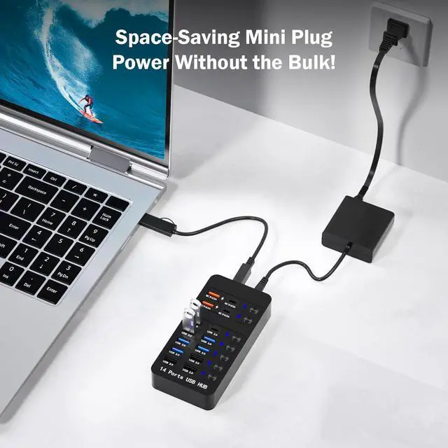 Alt view image 3 of 6 - Powered USB Hub 14 Ports USB Splitter Hub (10 Faster Data Transfer Ports+ 4 Smart USB Charging Port) USB Hub with LED Individual On/Off Switches for PC Laptop Desktop