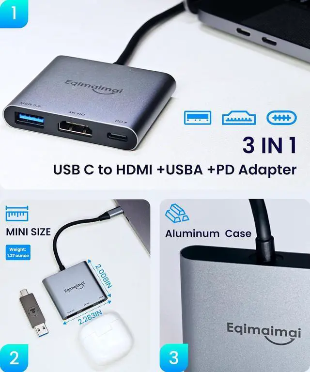Alt view image 7 of 7 - USB C to HDMI Adapter 4K@30 HDMI to USB C USBC to HDMI Adapter with USB 3.0 100W PD Charging Multiport Hub Compatible with MacBook Pro iPad Air iPhone Laptop TV Switch Monitor and More