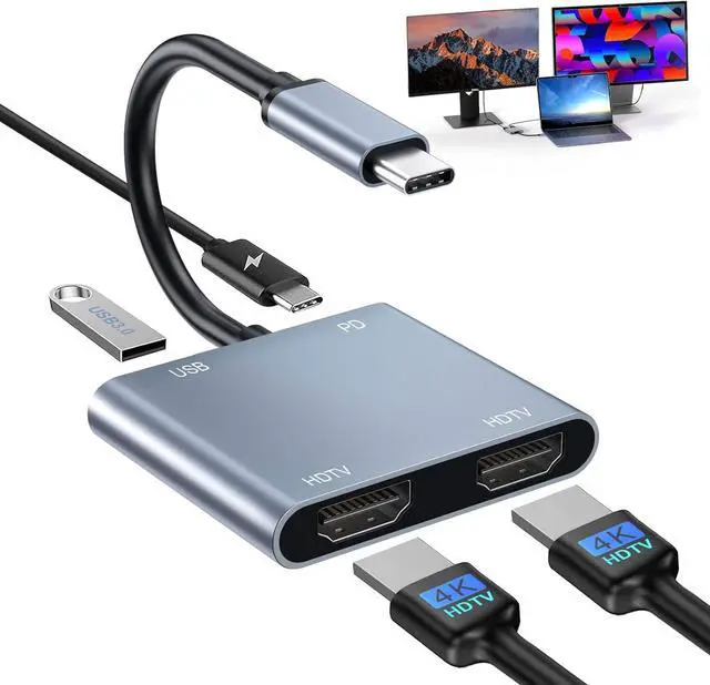 Main image of USB C to Dual HDMI Adapter 4K@60Hz Type C Hdmi Splitter for Dual Monitors with USB 3.0 100W Fast Charging USB Hub with 2-HDMI Extended Display for MacBook USB-C Laptop for  for