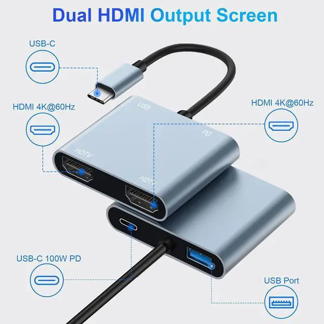 Alt view image 2 of 7 - USB C to Dual HDMI Adapter 4K@60Hz Type C Hdmi Splitter for Dual Monitors with USB 3.0 100W Fast Charging USB Hub with 2-HDMI Extended Display for MacBook USB-C Laptop for  for