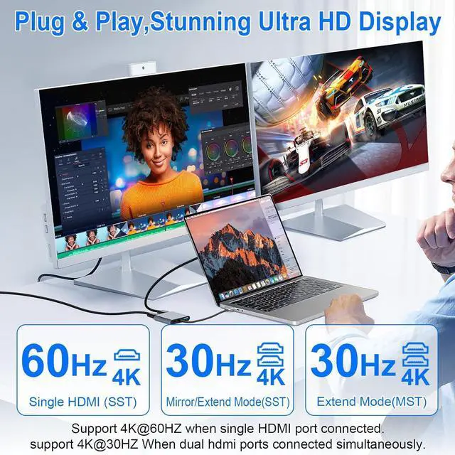 Alt view image 3 of 7 - USB C to Dual HDMI Adapter 4K@60Hz Type C Hdmi Splitter for Dual Monitors with USB 3.0 100W Fast Charging USB Hub with 2-HDMI Extended Display for MacBook USB-C Laptop for  for