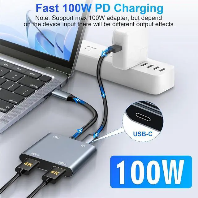 Alt view image 4 of 7 - USB C to Dual HDMI Adapter 4K@60Hz Type C Hdmi Splitter for Dual Monitors with USB 3.0 100W Fast Charging USB Hub with 2-HDMI Extended Display for MacBook USB-C Laptop for  for