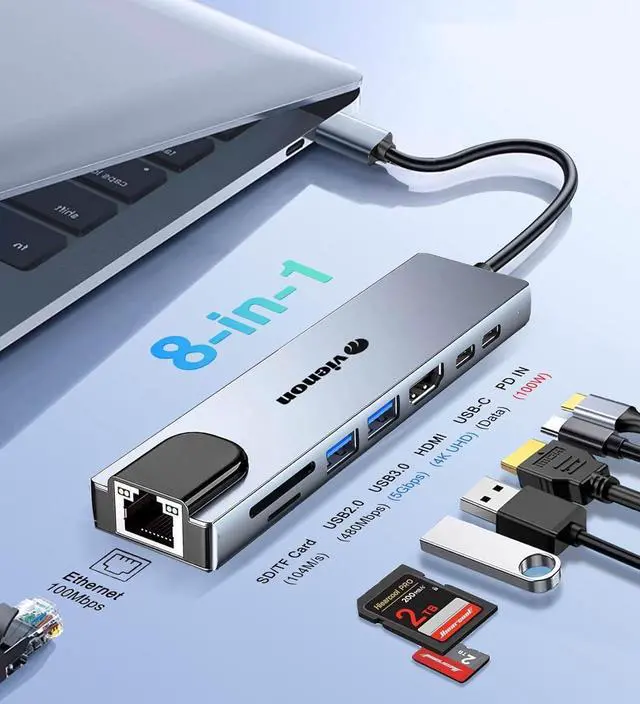 Alt view image 2 of 7 - USB C Hub Ethernet HDMI Adapter 8 in 1 Laptop Docking Station with 4K HDMI RJ45 Ethernet 100Mbps SD/TF Card Reader USB 3.0/2.0 PD 100W LAN USB C Dongle for MacBook Pro/Air iPad Pro XPS etc