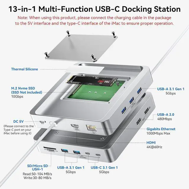 Alt view image 2 of 7 - 13-Port USB C Hub for iMac 24 inch 2021/2023/2024 iMac Accessories for iMac M1/M3/M4 iMac USB Hub with 5 USB-A & 2 USB-C 3.0 Ports 4K@60Hz HDMI 1Gbps Ethernet SD/TF M.2 NVME SSD (Not Included)