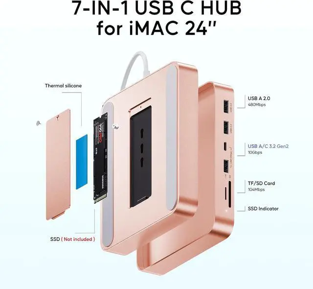 Alt view image 3 of 7 - USB C HUB for iMac 24 inch 2021/2023/2024 USB Hub Adapter iMac Accessories for iMac M1/M3/M4 with USB C 10Gbps 3*USB A SD/TF Docking Station Support Expand M.2 SSD (Not Included) Orange