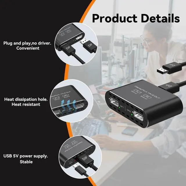 Alt view image 7 of 7 - 4K120Hz Dual DisplayPort Splitter for 2 Monitors Extended Display Port to Dual DP Splitter 1 in 2 Out Adapter for Laptop Computer PC and Graphics Card