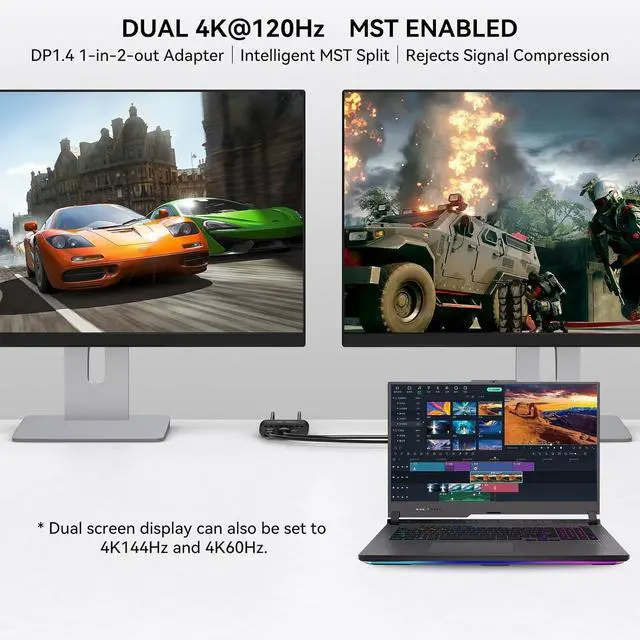 Alt view image 5 of 7 - 4K120Hz Dual DisplayPort Splitter for 2 Monitors Extended Display Port to Dual DP Splitter 1 in 2 Out Adapter for Laptop Computer PC and Graphics Card