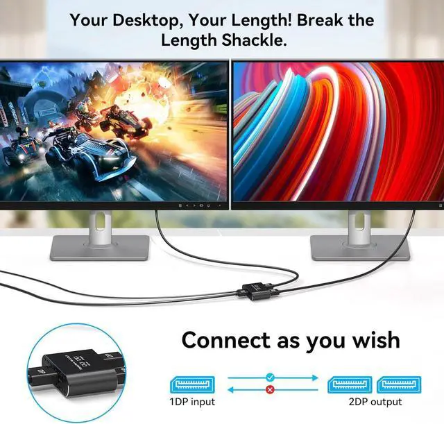 Alt view image 4 of 7 - 4K120Hz Dual DisplayPort Splitter for 2 Monitors Extended Display Port to Dual DP Splitter 1 in 2 Out Adapter for Laptop Computer PC and Graphics Card