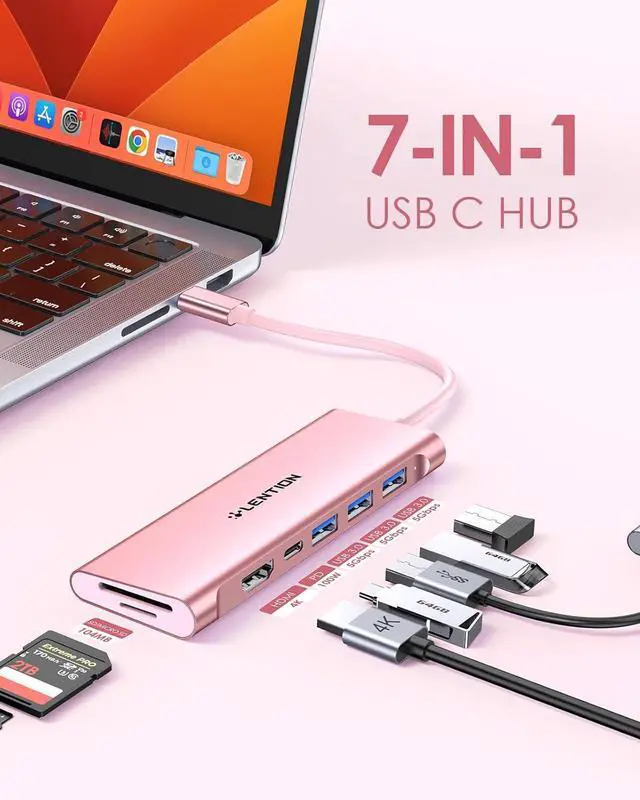 Alt view image 2 of 7 - USB C Multiport Hub with 4K HDMI 3 USB 3.0 SD/Micro SD Card Reader 100W PD Compatible 2024-2016 MacBook Pro New Mac Air Other Type C Devices Stable Driver Adapter (CB-C36B Rose Gold)