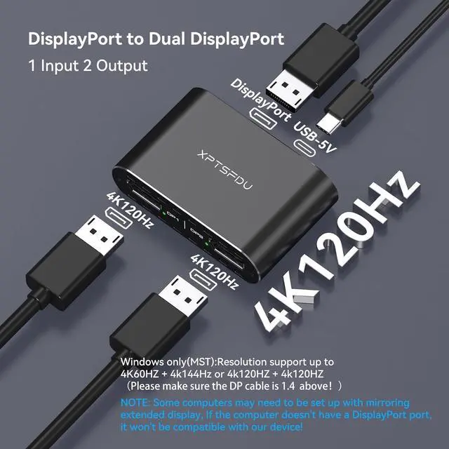 Alt view image 5 of 7 - DisplayPort to Dual Displayport Splitter 4K120Hz DP to Dual DP Splitter for Dual Monitors Supports Mirrored/Extended Display for Windows Only