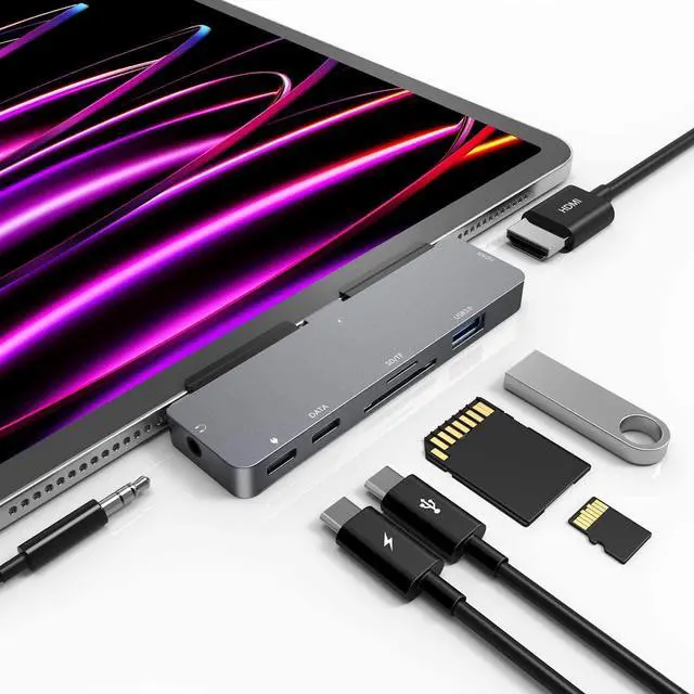 Main image of iPad Pro M4/M2/M1 13/11/12.9 iPad Air 5 7 in 1 Adapter - 4K 60Hz HDMI 3.5mm Headphone Jack USB3.0 USB C PD Charging & Data SD/Micro SD Card Reader