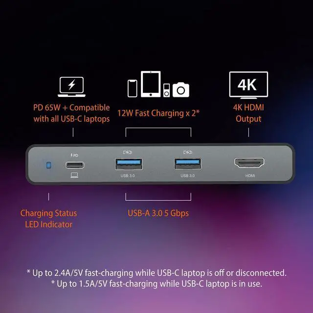 Alt view image 3 of 7 - USB-C Travel Dock with PD 65W Power Supply - for Travel or Business Trip - Charging Adapter Hub with 4K HDMI USB-A x 2 - for MacBook Air/Pro 13 Surface Pro and USB-C Laptop (JCDP392)