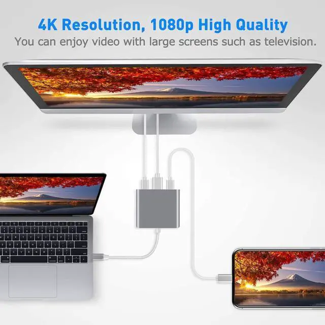 Alt view image 2 of 7 - 3 in 1 USB C to HDMI Adapter Type C to 4K HDMI Adapter with 100W PD & USB 3.0 Port Multiport Digital AV Converter (Grey)