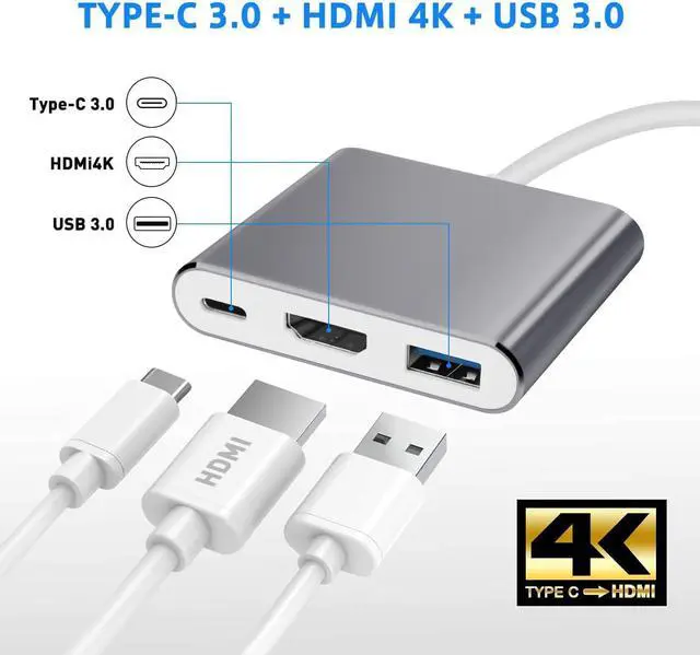 Alt view image 3 of 7 - 3 in 1 USB C to HDMI Adapter Type C to 4K HDMI Adapter with 100W PD & USB 3.0 Port Multiport Digital AV Converter (Grey)