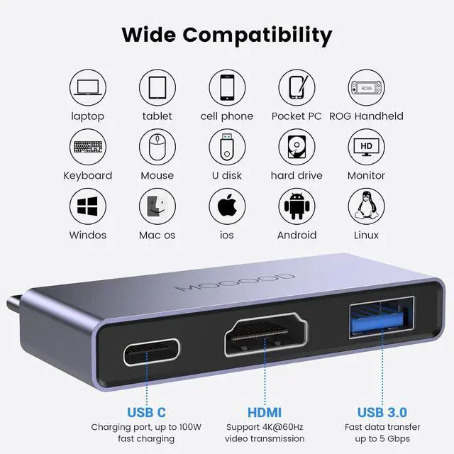 Alt view image 6 of 7 - USB C to HDMI Multiport Adapter - Type C to 4K HDMI Adapter with Charging Supports 4K UHD Video USB 3.0 Port 100W USB-C Fast Charging for Monitor TV Laptop
