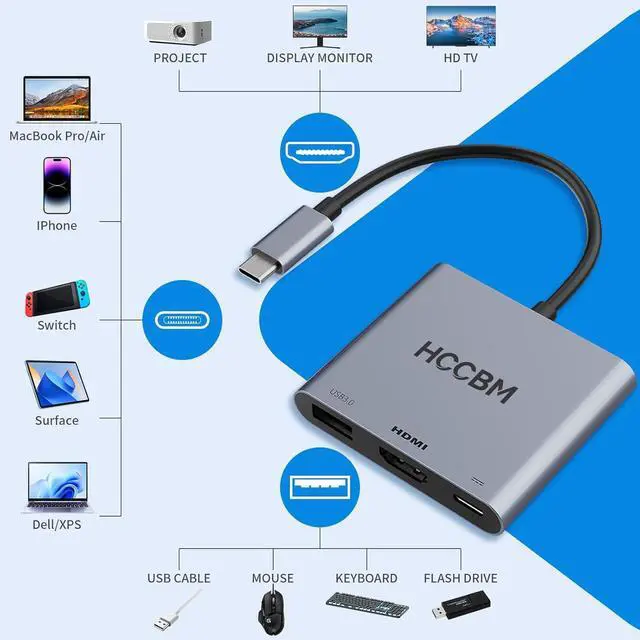Alt view image 4 of 7 - USB C to HDMI Adapter USBC Adapter HDMI with Multiport to TV Monitor Projector with 4K Output 100W PD & USB 3.0 for MacBook Pro/Air Laptop iPad iPhone