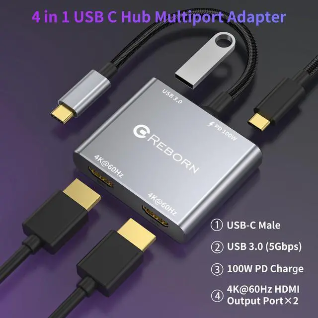 Alt view image 2 of 7 - USB C to Dual HDMI Adapter | 4K@60Hz HDMI Splitter Extended Display for Dual Monitors Multi-Monitor Adapter with USB and 100W PD Windows Allows 3 Separate Screens macOS Only Allows Mirror Mode
