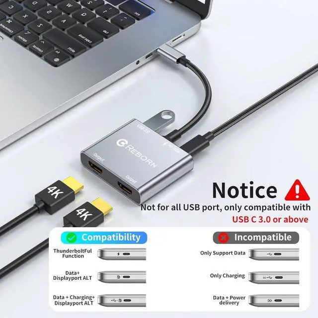 Alt view image 6 of 7 - USB C to Dual HDMI Adapter | 4K@60Hz HDMI Splitter Extended Display for Dual Monitors Multi-Monitor Adapter with USB and 100W PD Windows Allows 3 Separate Screens macOS Only Allows Mirror Mode