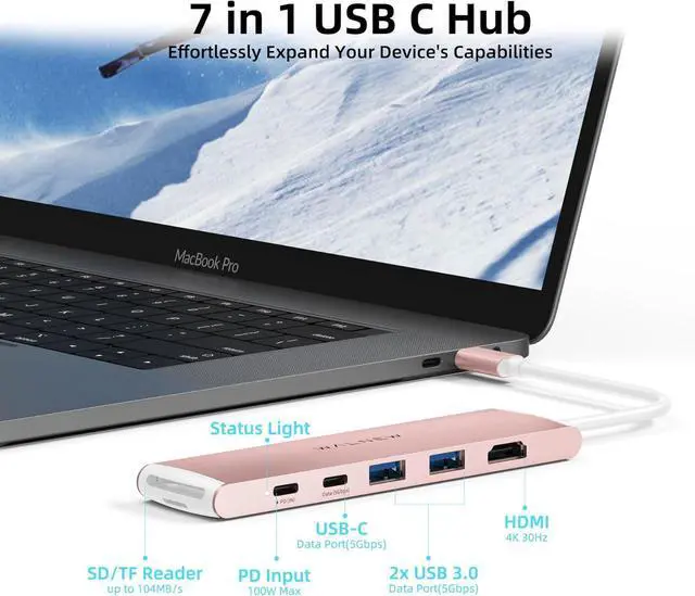 Alt view image 2 of 7 - 7 in 1 USB-C Hub with 4K HDMI 100W PD 5Gbps Data Port(1 Type-C & 2 USB 3.0) SD/TF Reader Thunderbolt 4 Dock Multiport Adapter for MacBook Pro Air Mac iPad 10/Mini 6 Surface (Pink)