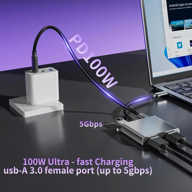 Alt view image 5 of 7 - USB C to Dual HDMI Adapter | 4K@60Hz HDMI Splitter Extended Display for Dual Monitors Multi-Monitor Adapter with USB and 100W PD Windows Allows 3 Separate Screens macOS Only Allows Mirror Mode