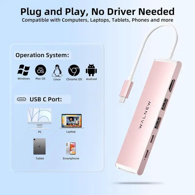 Alt view image 7 of 7 - 7 in 1 USB-C Hub with 4K HDMI 100W PD 5Gbps Data Port(1 Type-C & 2 USB 3.0) SD/TF Reader Thunderbolt 4 Dock Multiport Adapter for MacBook Pro Air Mac iPad 10/Mini 6 Surface (Pink)
