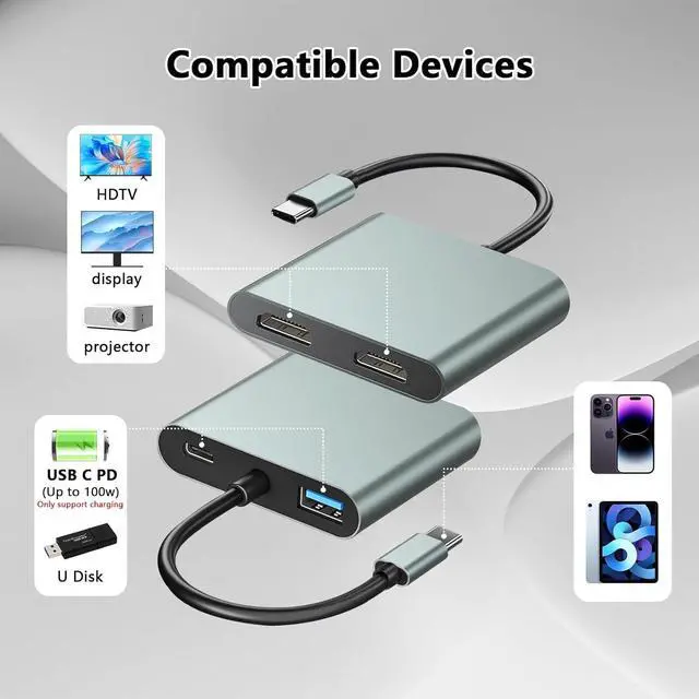 Alt view image 2 of 7 - USB C to Dual HDMI Adapter - 4K@30Hz Dual Monitor HDMI Adapter with 100W PD Charging USB3.0 5Gbps & Thunderbolt 3 Compatible for Laptop/Tablet