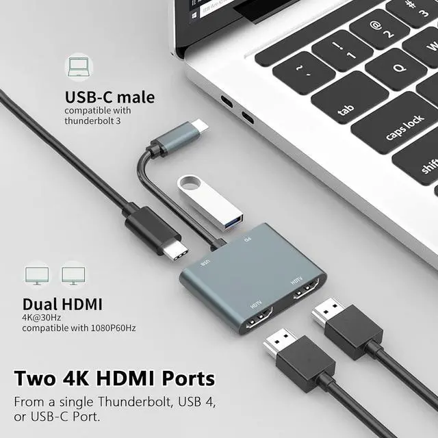 Alt view image 3 of 7 - USB C to Dual HDMI Adapter - 4K@30Hz Dual Monitor HDMI Adapter with 100W PD Charging USB3.0 5Gbps & Thunderbolt 3 Compatible for Laptop/Tablet