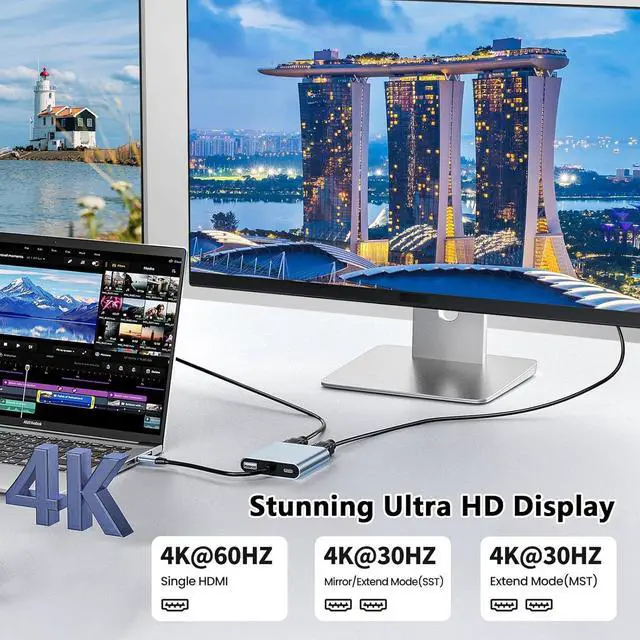 Alt view image 4 of 7 - USB C to Dual HDMI Adapter - 4K@30Hz Dual Monitor HDMI Adapter with 100W PD Charging USB3.0 5Gbps & Thunderbolt 3 Compatible for Laptop/Tablet