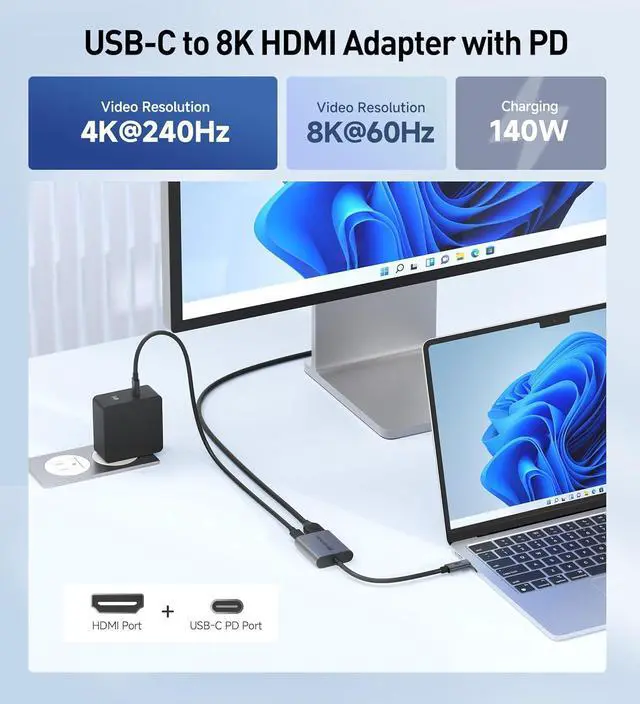 Alt view image 2 of 7 - 48Gbps USB C to HDMI 2.1 Adapter with 140W Charging for MacOS Windows Supports [4K@240Hz /8K@60Hz HDR] Thunderbolt 4 to HDMI Adapter Compatible for MacBook Thunderbolt 5 Laptops