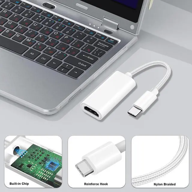 Alt view image 7 of 7 - USB C to HDMI Adapter 4K 60HZ White Braided Type C to HDMI Converter Compatible with iPhone 15 16 iPad Air Pro Chromebook Pixelbook Spectre Galaxy Book 3 Ultra S10 Surface Laptop 5 ThinkPad T14