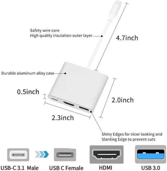 Alt view image 7 of 7 - USB C to HDMI Adapter USB-C Digital AV Multiport Adapter with 4K HDMI Video to TV/Mini Projector USB 3.0 PD Charging Converter Hub Compatible with  iPhone 16 15 MacBook Pro iPad