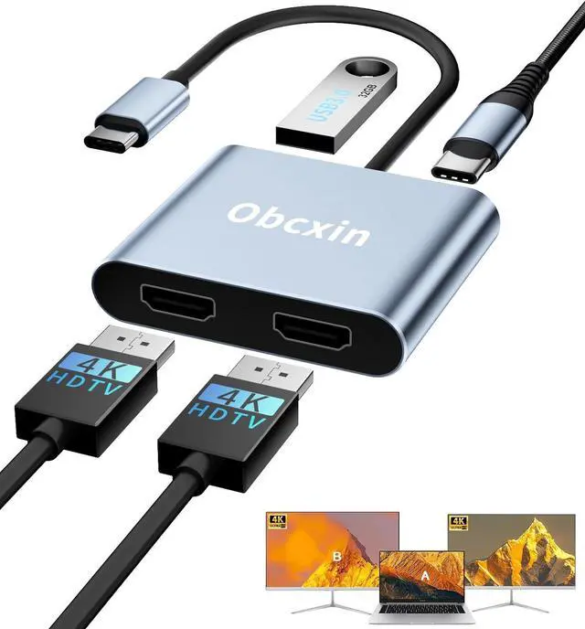 Main image of USB C to Dual HDMI Adapter 4K@60Hz Type C to HDTV Splitter for 2 Monitors USB 3.0 PD 100W Dual HDMI Extend Display for MacBook Air/Pro XPS More Laptops with Thunderbolt 3/4 Ports