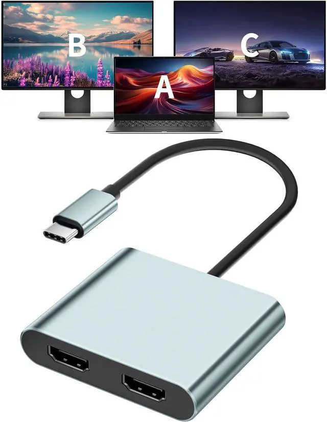 Main image of USB C to Dual HDMI Adapter 4K@60Hz Type-C to HDMI Splitter for Dual Monitors Extend Display for MacBook Pro/Air  XPS 13/15/17 HP   Galaxy Surface Type C Laptop