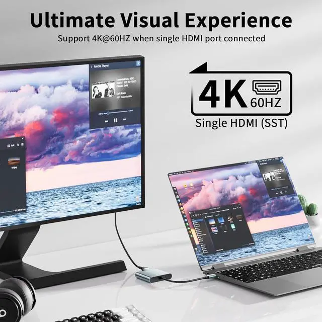 Alt view image 2 of 7 - USB C to Dual HDMI Adapter 4K@60Hz Type-C to HDMI Splitter for Dual Monitors Extend Display for MacBook Pro/Air  XPS 13/15/17 HP   Galaxy Surface Type C Laptop