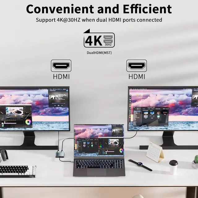 Alt view image 3 of 7 - USB C to Dual HDMI Adapter 4K@60Hz Type-C to HDMI Splitter for Dual Monitors Extend Display for MacBook Pro/Air  XPS 13/15/17 HP   Galaxy Surface Type C Laptop
