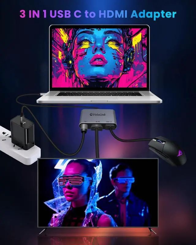 Alt view image 2 of 7 - USB c to Hdmi Adapter 4k120Hz,Usbc HDMI with PD Charger HDMI to USBC Adapter, USB C Hub Multiport AV Converter Compatible with MacBook,Laptops, Switch 4K120Hz