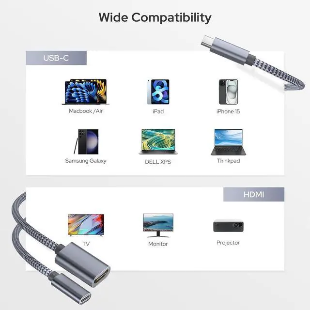 Alt view image 7 of 7 - USB C to HDMI Adapter with 100W PD Charger Port 2-in-1 Type C to 4K MHL HDMI Female Converter Thunderbolt 3 for iPhone 15 Pro Max Plus MacBook ipad Air 5 mini 6 Galaxy Steam Deck
