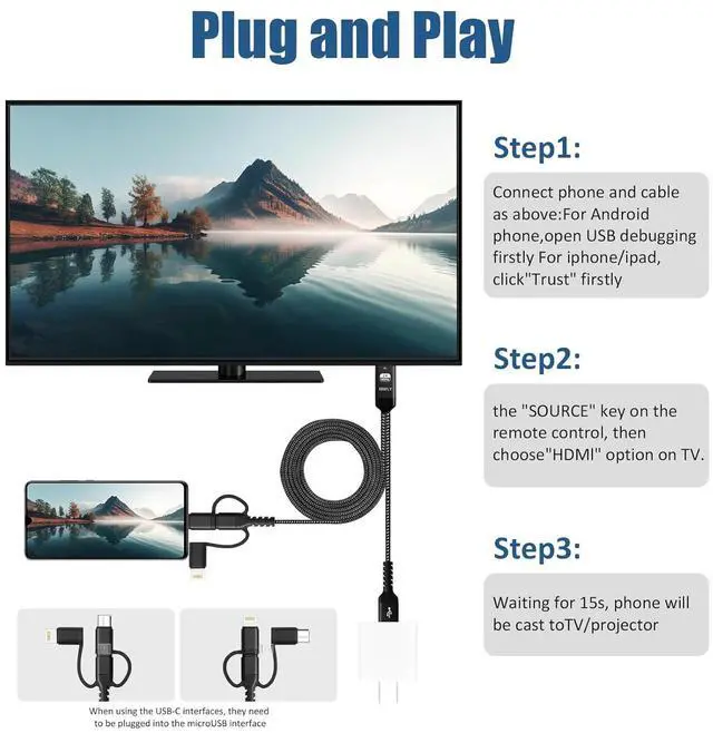Alt view image 3 of 7 - USB-C to HDMI-Compatible 3-in-1 Adapter for iPhone/Android 1080P Mirroring to TV/Monitor/Projector with Lightning/Micro USB Portable Digital AV Converter