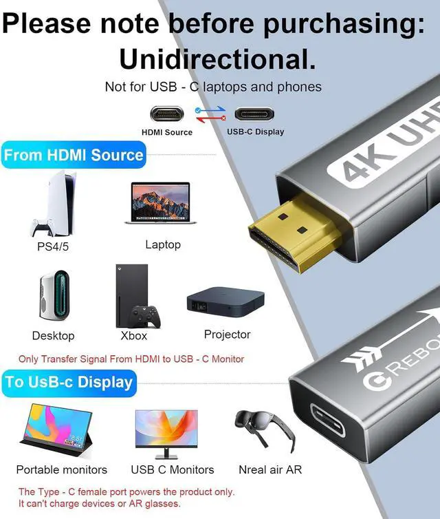 Alt view image 6 of 7 - HDMI to USB C Adapter 4K 60Hz | Uni-Directional HDMI Source to USB-C Display Adapter for AR Glasses XREAL OneAir 2 Pro/VITURE Pro/RayNeo Air 2s/Rokid PS5 Portable Monitors - 1 Pack