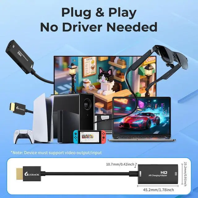 Alt view image 6 of 7 - AR Glasses HDMI to USB-C Display Adapter 4K@60Hz Play and Charge XR Converter with DC 5V for XREAL One/Air 2 Pro/RayNeo/Rokid Steam Switch 2/1 PS5/4 Portable Monitors (Black)