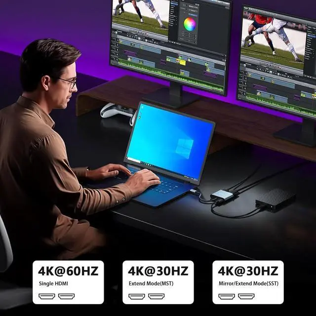 Alt view image 4 of 7 - (4 in 1) USB C to Dual Hdmi Adapter for 2 monitors 100W PD USB 3.0 (MST is not Support on MacOS MacOS Allows Monitor Display 2 Separate Screens Windows Allows Monitor Display 3 Separate Screens)