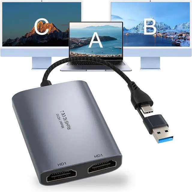 Main image of USB C to Dual HDMI Adapter 1080P 60Hz Multi-Monitor Splitter for MacBook/PC/Laptop - USB-A/USB-C to 2 HDMI Ports Aluminum Docking Station Audio Sync Windows/macOS Software Control