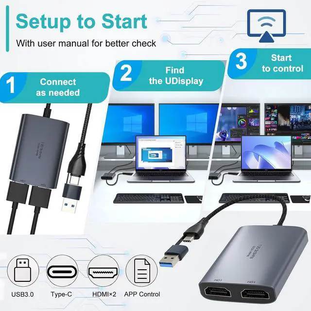 Alt view image 4 of 7 - USB C to Dual HDMI Adapter 1080P 60Hz Multi-Monitor Splitter for MacBook/PC/Laptop - USB-A/USB-C to 2 HDMI Ports Aluminum Docking Station Audio Sync Windows/macOS Software Control