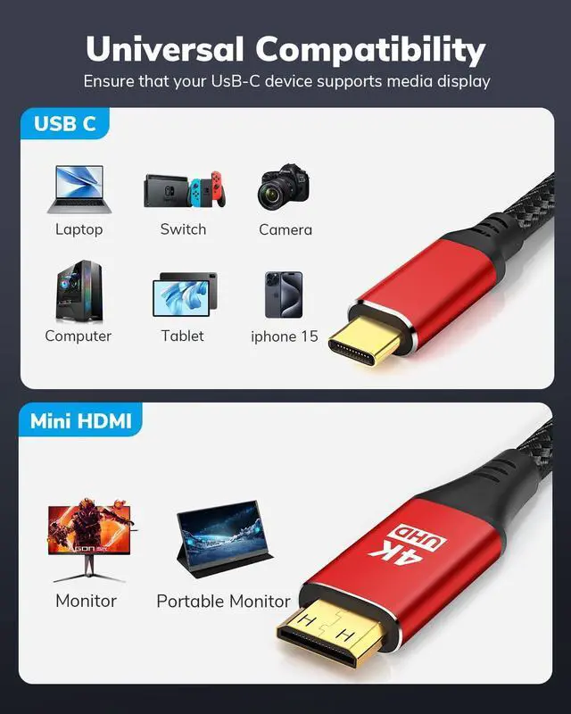 Alt view image 4 of 7 - 4K USB C to Mini HDMI Cable 3FT Supports 4K@60Hz 2K@120Hz High Speed Type-C to Mini HDMI Uni-Directional Cord for Steam Deck ROG Ally Laptop MacBook KYY ARZOPA MNN Portable Monitor