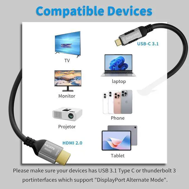 Alt view image 6 of 6 - 4K@60Hz 2K USB C to HDMI Cable 10 Ft Slim Thin HDR Type C 3.1 to HDMI 2.0 Adapter Cord Thunderbolt 3/4 for MacBook iPhone 16/15 iPad Galaxy Surface TV Monitor+Ties