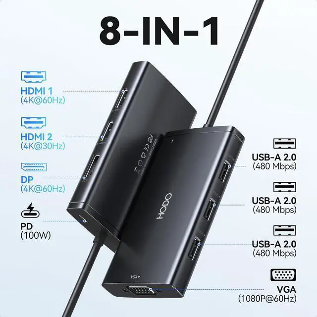 Alt view image 2 of 7 - USB C Docking Station Dual Monitor Adapter for  HP Laptop Docking Station 3 Monitors Quadruple Display USB C Hub Dongle to 4K HDMI+DisplayPort+VGA 3 USB2.0 100W PD 8 in 1 Thunderbolt Dock