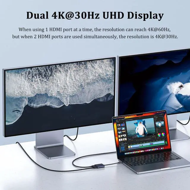 Alt view image 4 of 7 - USB C to Dual HDMI Adapter with 2 4K@60Hz HDMI Docking Station Type C to HD Splitter for 2 Monitors Suitable for MacBook Air/Pro  HP  Chromebook Surface USB Type C Laptops