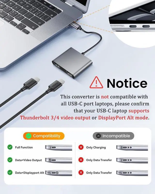 Alt view image 6 of 7 - USB C to Dual HDMI Adapter with 2 4K@60Hz HDMI Docking Station Type C to HD Splitter for 2 Monitors Suitable for MacBook Air/Pro  HP  Chromebook Surface USB Type C Laptops